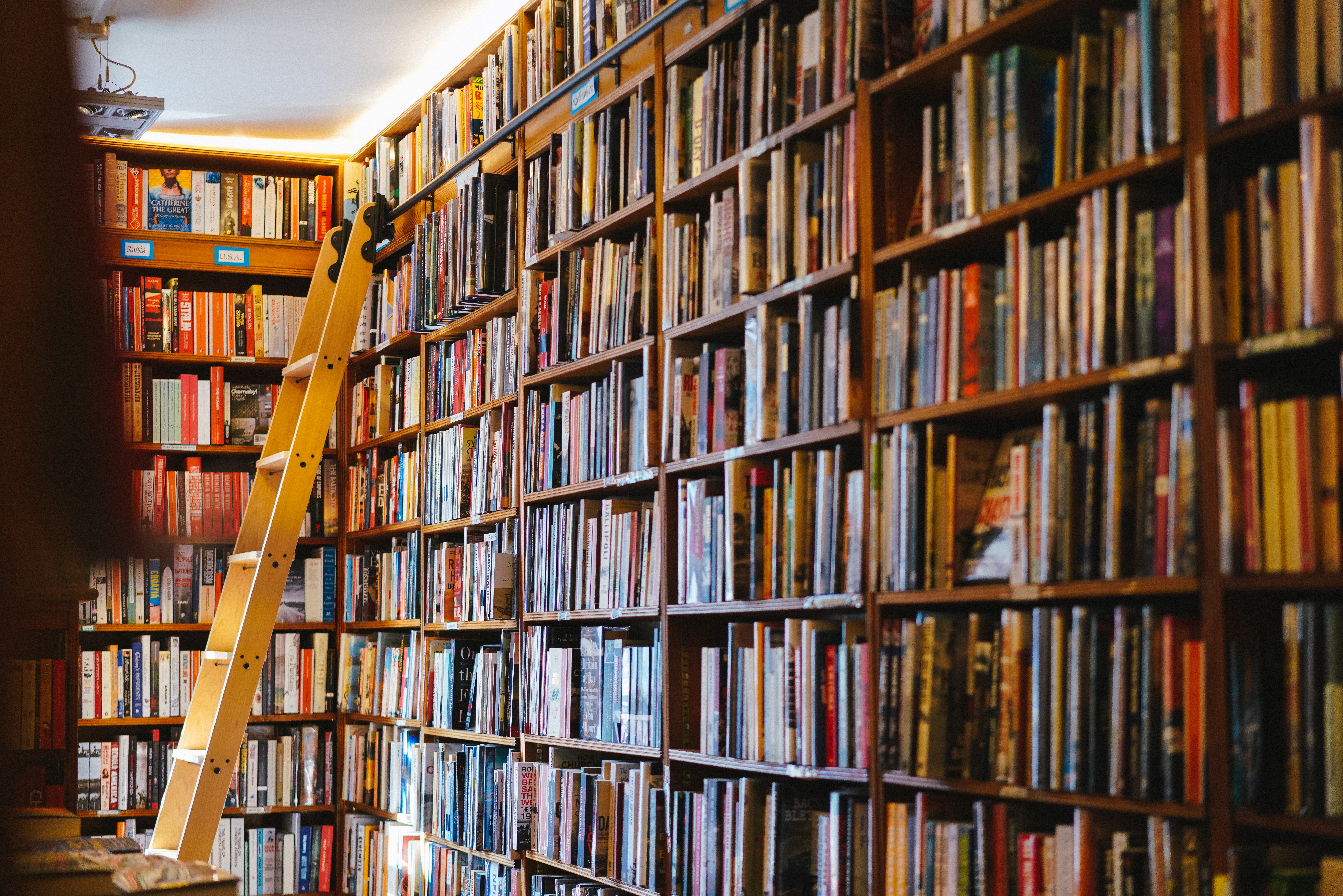 A close up image of a book shelf with old books.